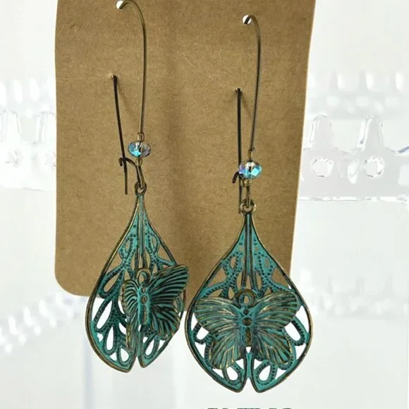 Patinaed-Metal Butterfly Filigree Drop Earrings - Picture 2 of 3